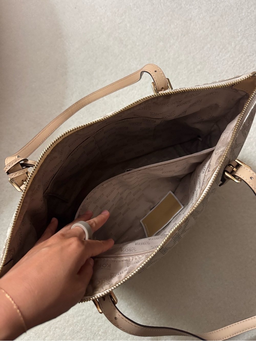 Michael Kors Beige Taupe MK Logo Tote with Tan Handles - Picture 5 of 7